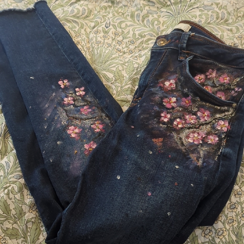 Hand painted Upcycled Zara Dark Blue Skinny Jeans with Pink Floral Paint